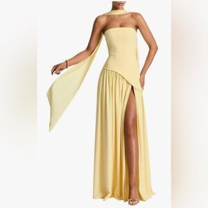 Strapless Formal Satin Dress with high slit and scarf